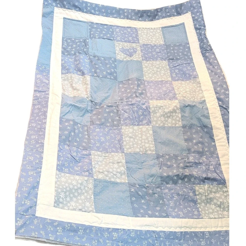 Handmade Unfinished Baby Quilt Top Patchwork Blue White Heart Floral 37x54